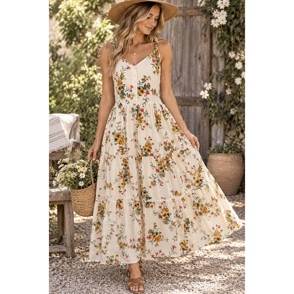 Old Navy Maxi Dress Womens L Cream Floral Tiered Smocked Boho Sundress Boho